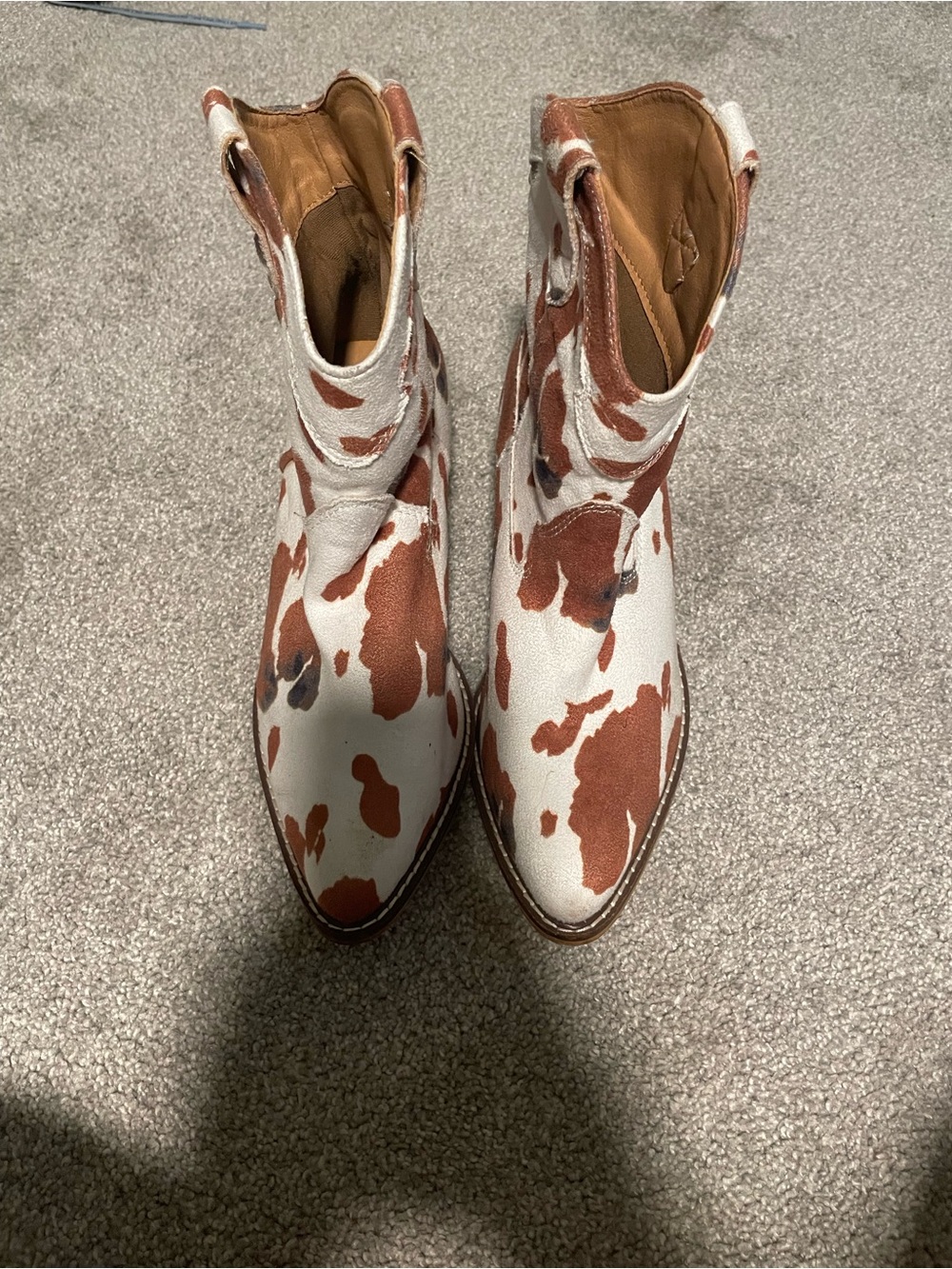 Cowprint Western Ankle Boots - White & Brown